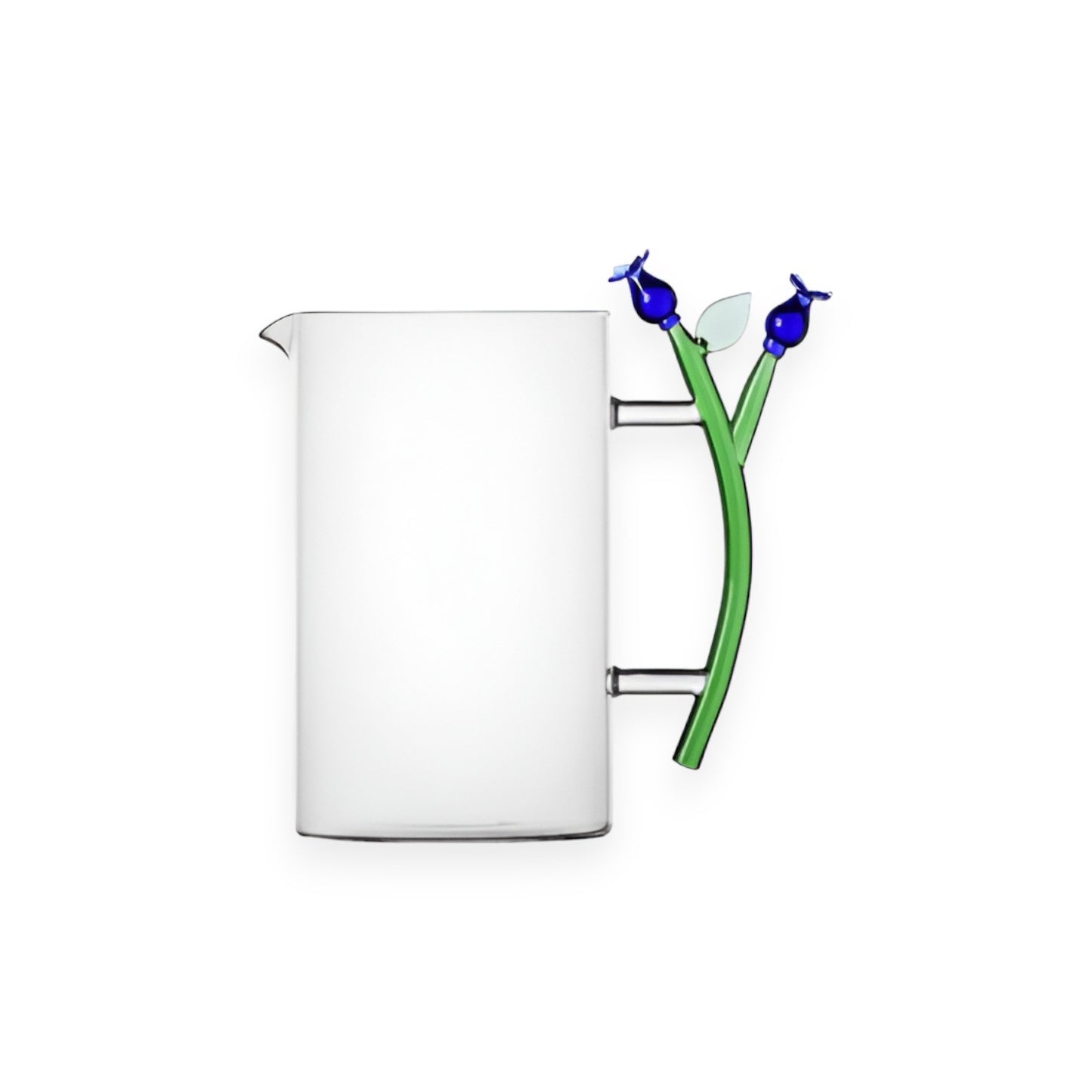 BLUE FLOWER JUG WITH GREEN HANDLE