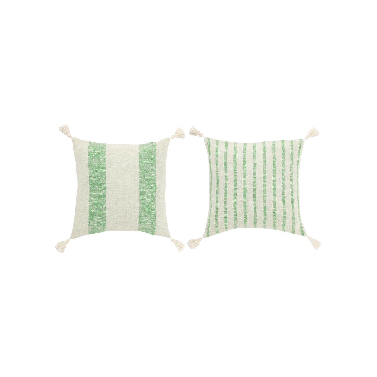 CUSHION SQUARE STRIPPES WITH TASSELS WHITE AND GREEN