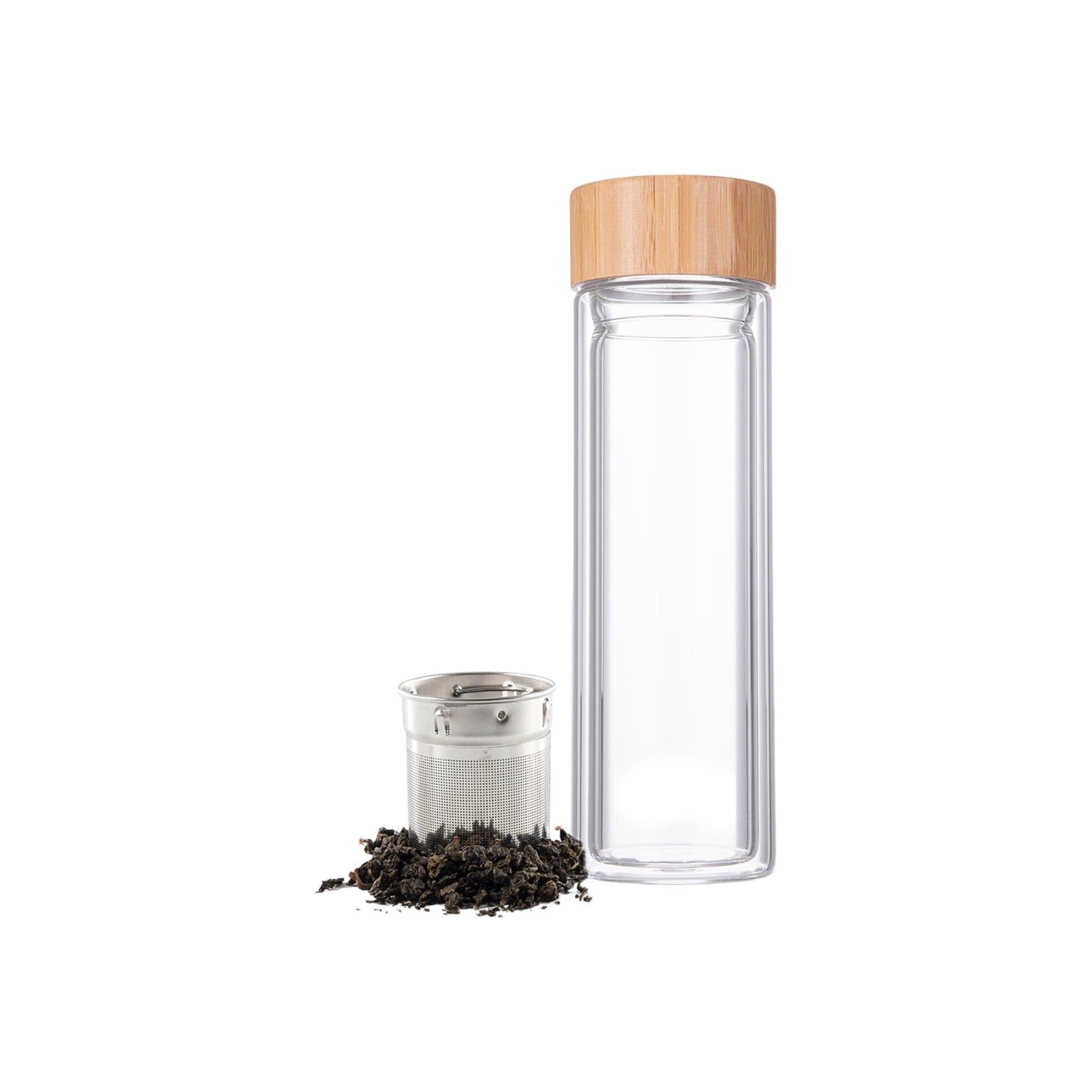 DOUBLE WALL VACUUM GLASS BOTTLE WITH TEA INFUSER