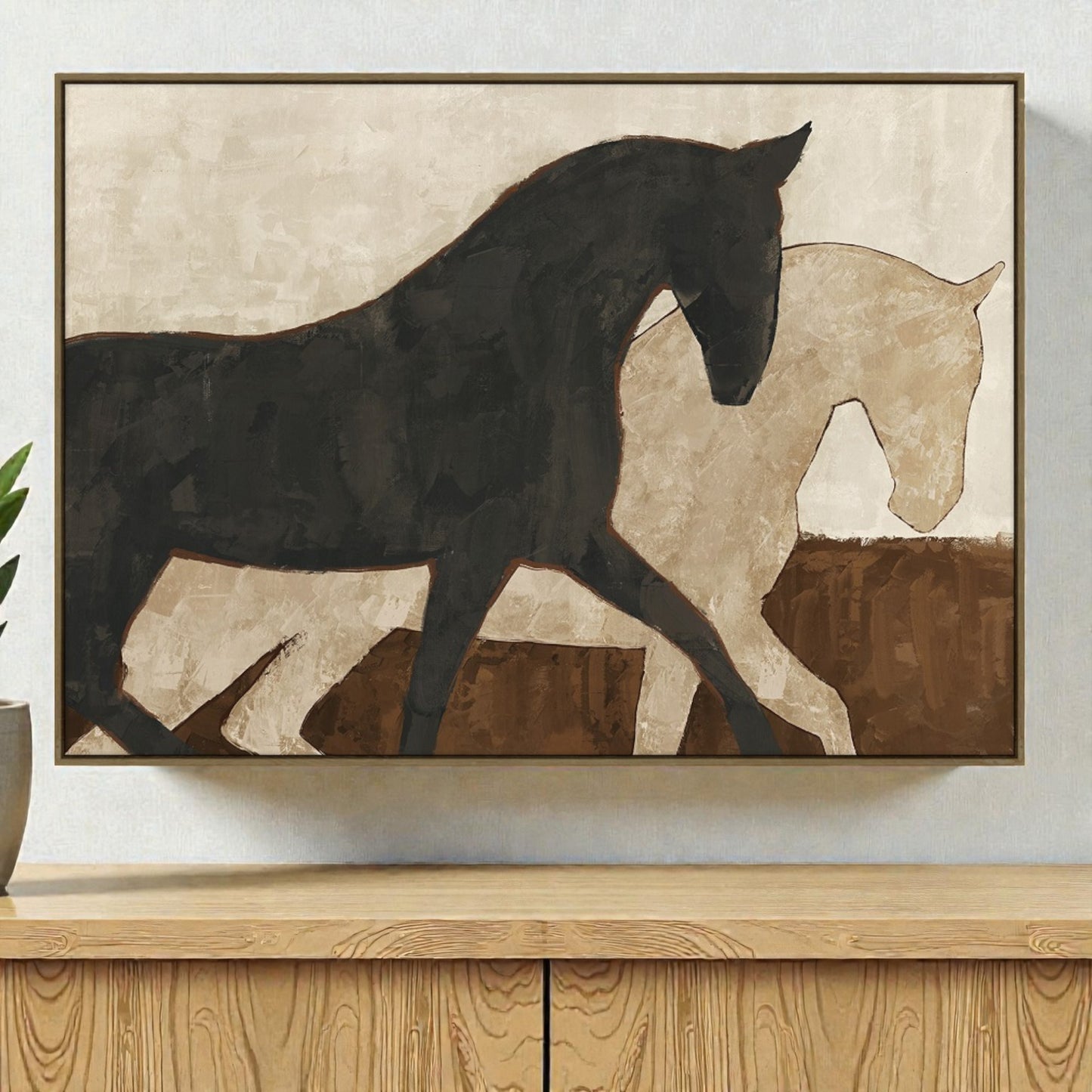 PAINTING PRINTED 2 HORSES BLACK CREAM