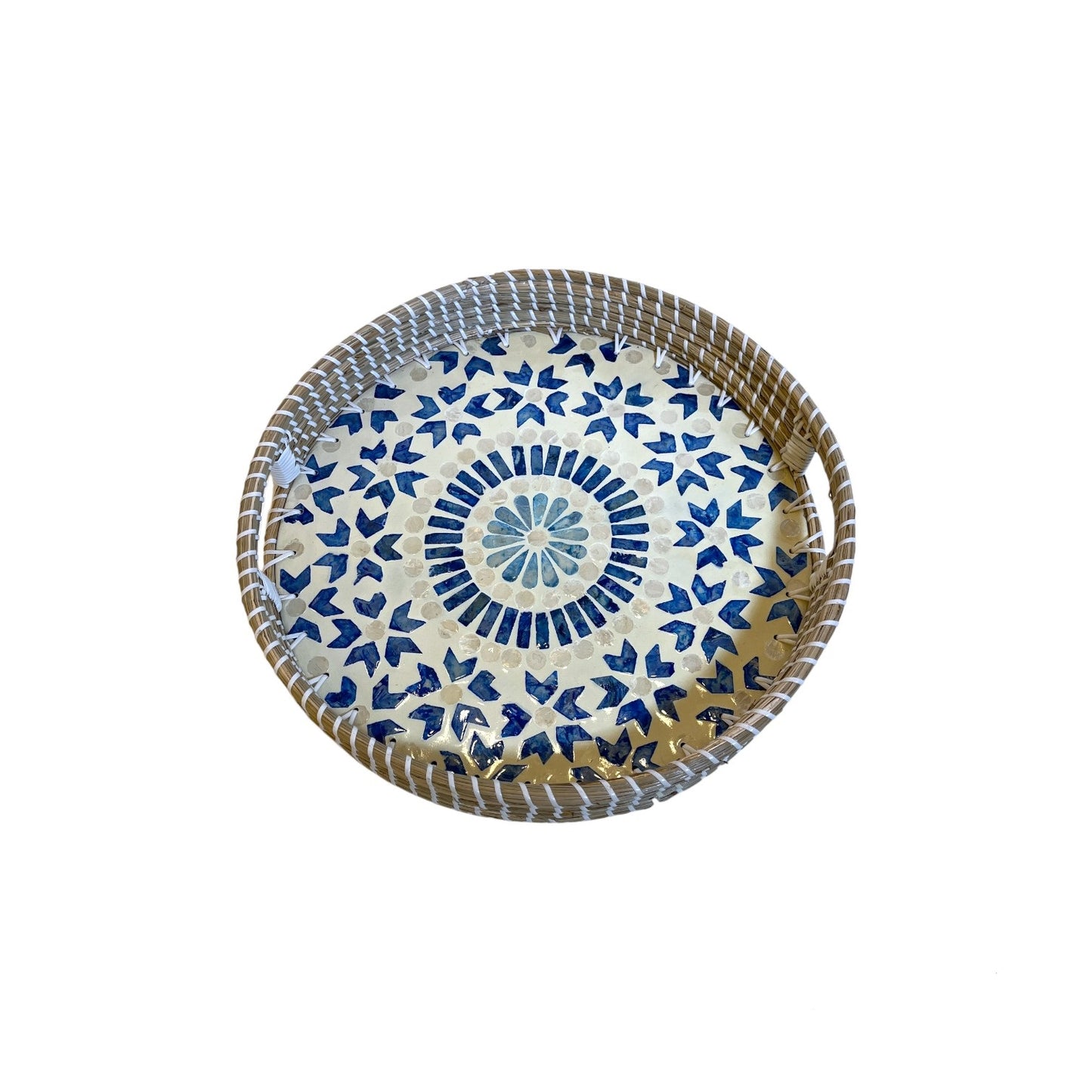ROUND TRAY MIX CAPIZ BLUE WITH CUTOUT HANDLES
