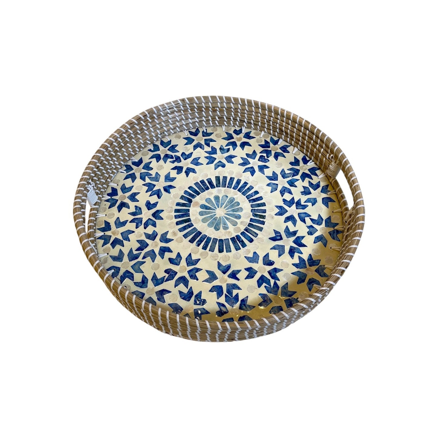 ROUND TRAY MIX CAPIZ BLUE WITH CUTOUT HANDLES
