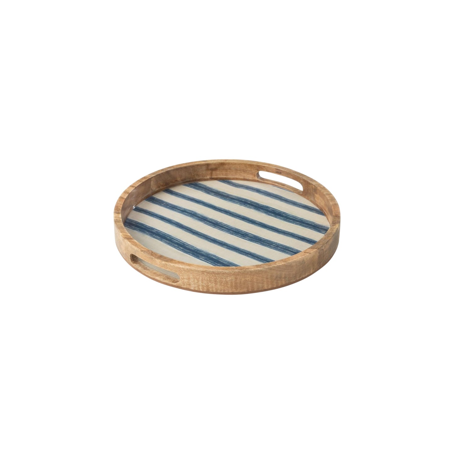 ROUND TRAY STRIPES WITH HANDLES MANGO WOOD BLUE