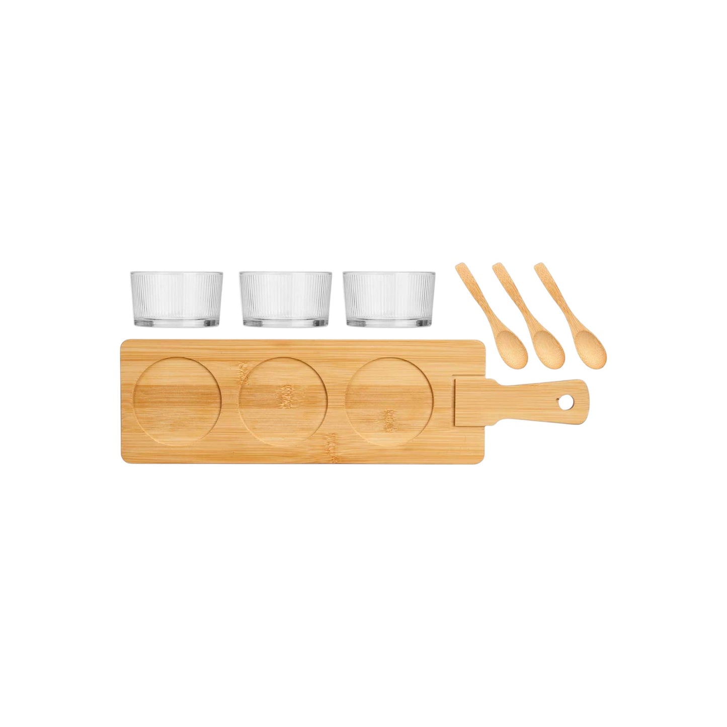 S3 GLASS BOWL WITH SPOON AND BAMBOO TRAY