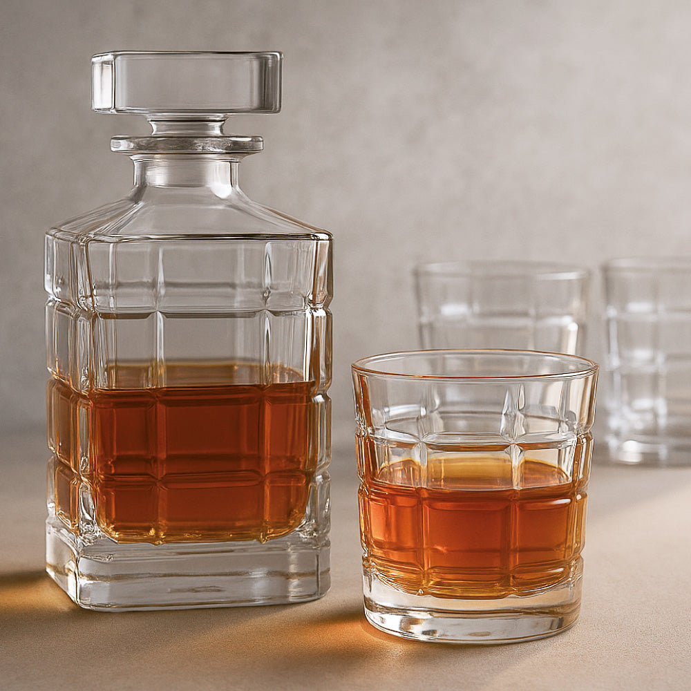 S7 CARAFE AND 6 GLASSES STONE