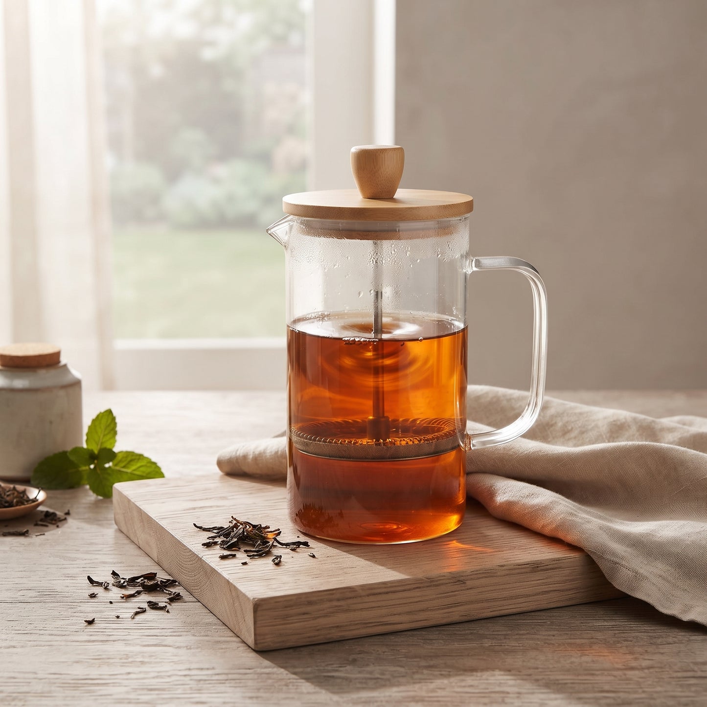 TEAPOT BOROSILICATE WITH PLUNGER AND BAMBOO LID