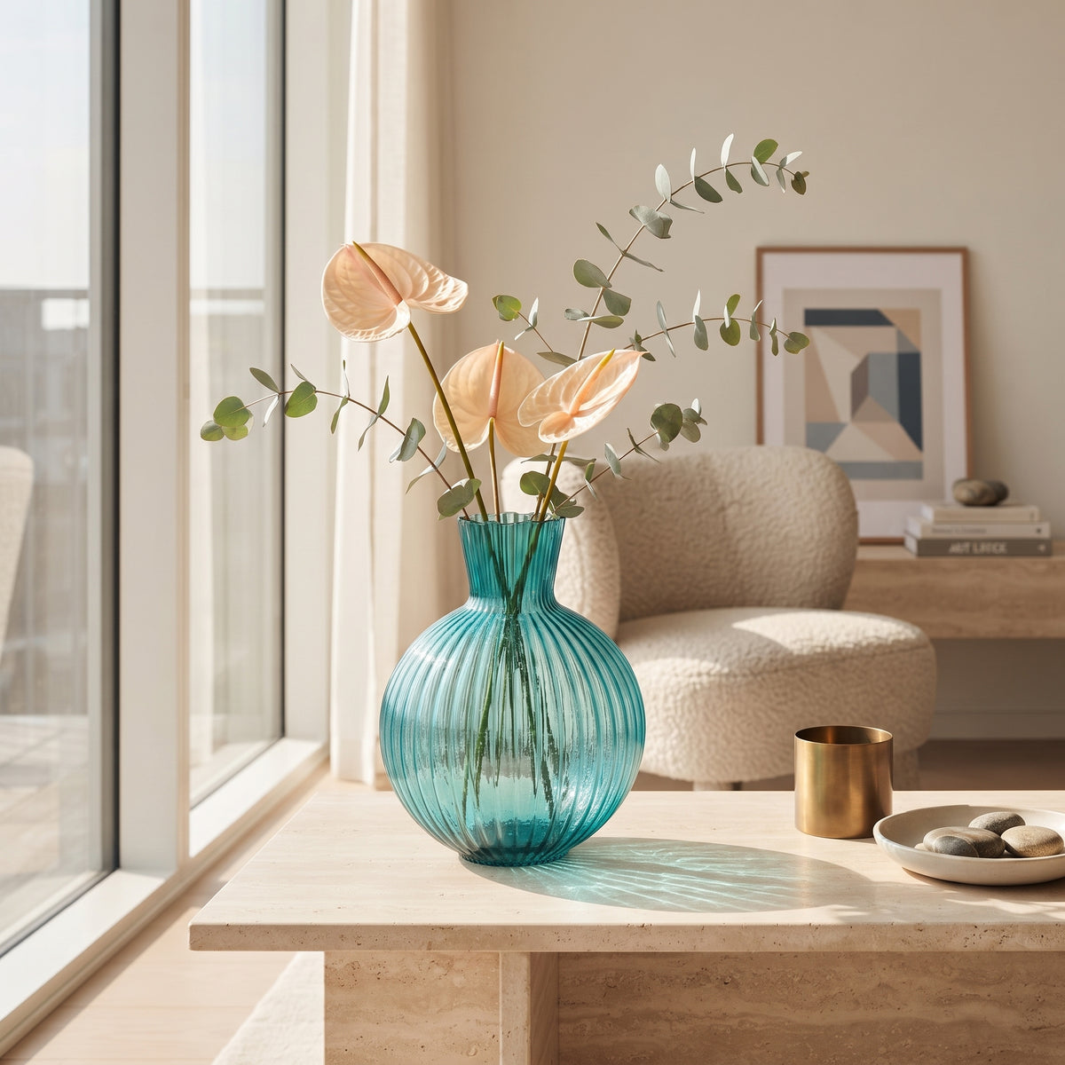 VASE BALL RIBBED GLASS TURQUOISE