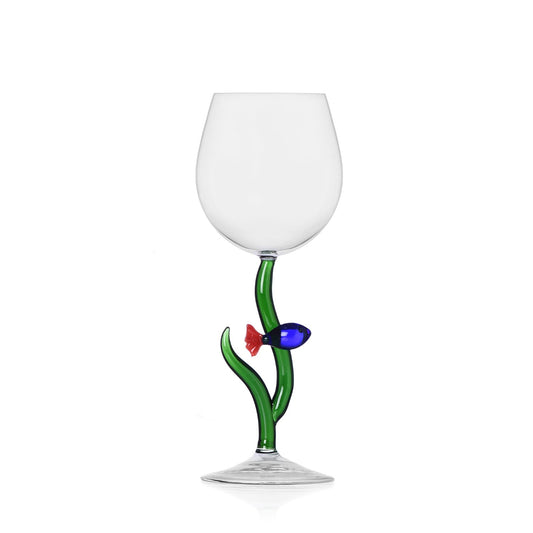 BLUE FISH WITH RED TAIL STEMMED GLASS