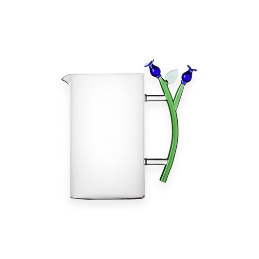 BLUE FLOWER JUG WITH GREEN HANDLE