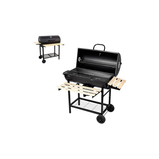 CHARCOAL BARBECUE WITH ADJUSTABLE WOOD TRAY AND WHEELS