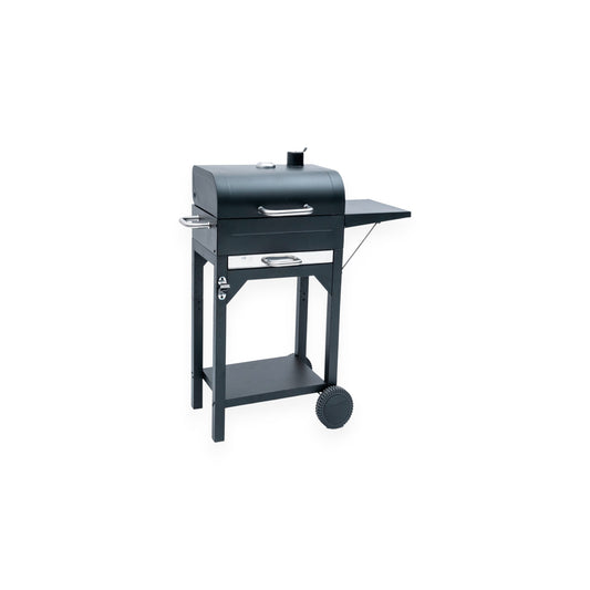 CHARCOAL BARBECUE WITH FOLDABLE TRAY AND WHEELS