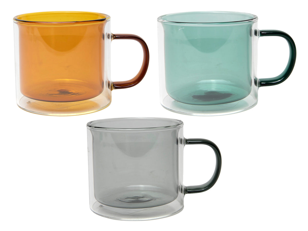 COLORED DOUBLE GLASS MUG WITH HANDLE