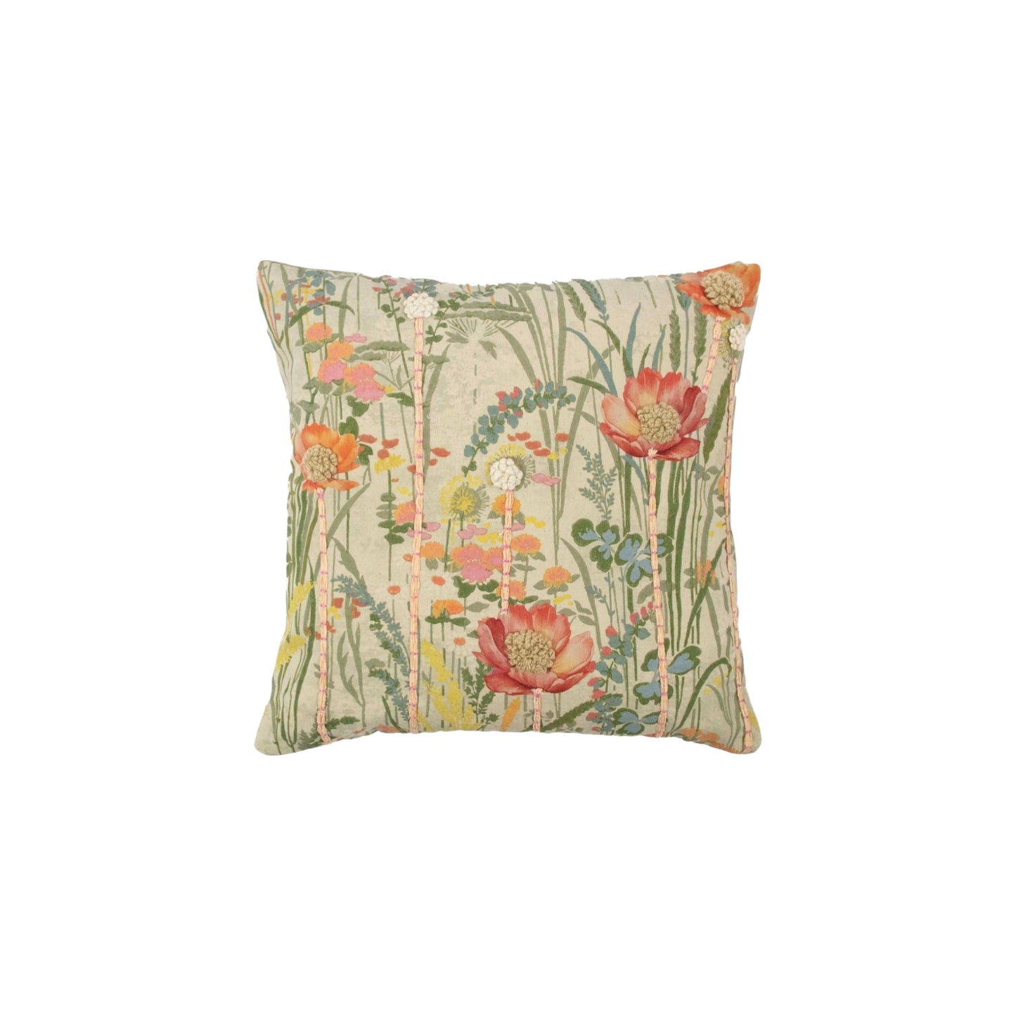 CUSHION EMBROIDERED WILD FLOWERS 45 X 45 CM PINK POPPY