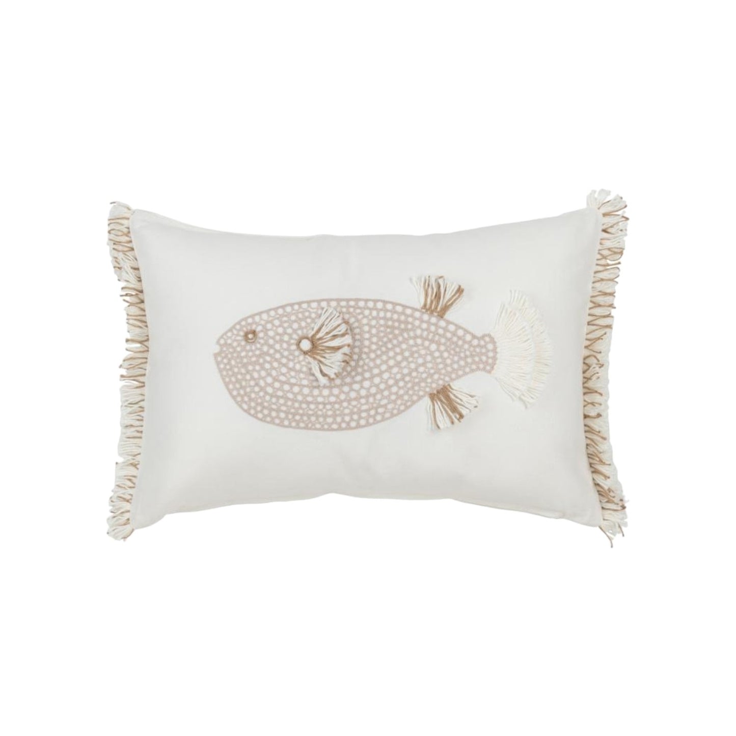 CUSHION FISH FRINGES COTTON WHITE AND TAUPE