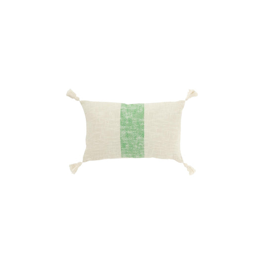 CUSHION RECTANGLE STRIPPES WITH TASSELS WHITE AND GREEN