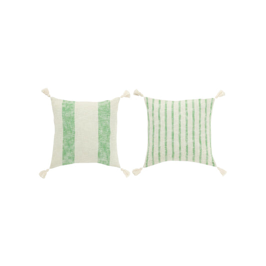 CUSHION SQUARE STRIPPES WITH TASSELS WHITE AND GREEN