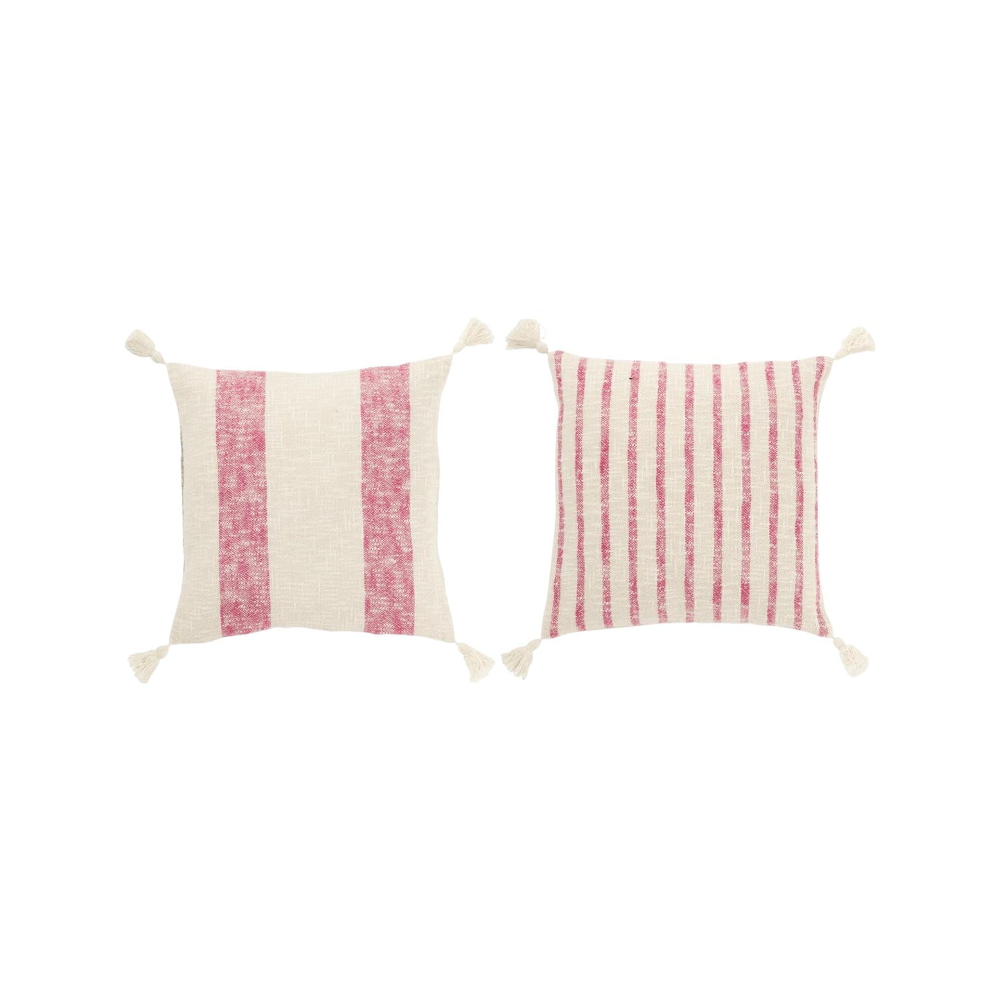 CUSHION SQUARE STRIPPES WITH TASSELS WHITE AND PINK