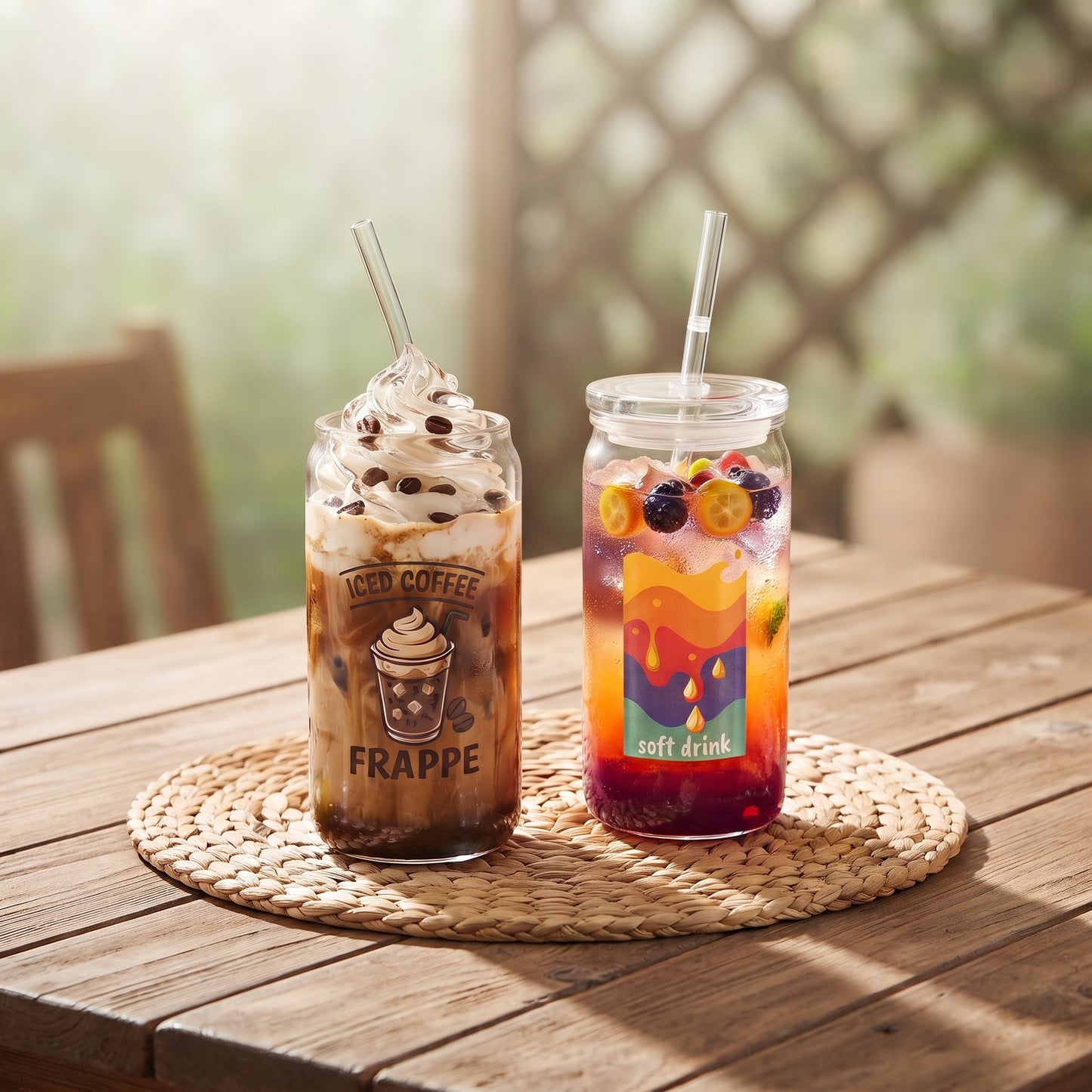 GLASS CUP WITH LID AND STRAW FOR COFFEE