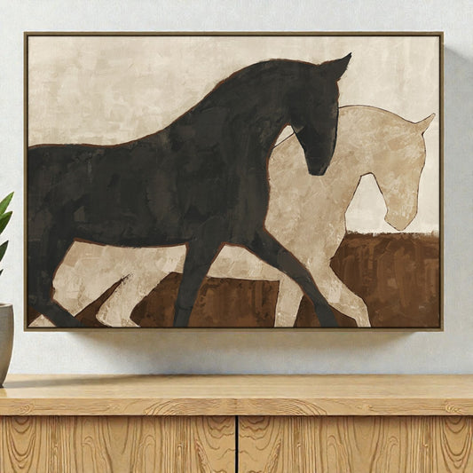 PAINTING PRINTED 2 HORSES BLACK CREAM