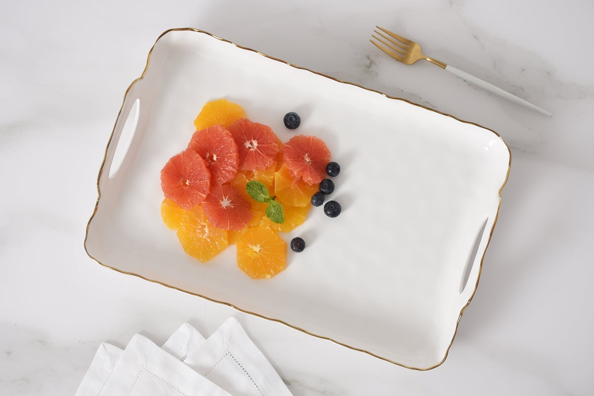 RECTANGLE TRAY WITH HANDLES GOLD RIM