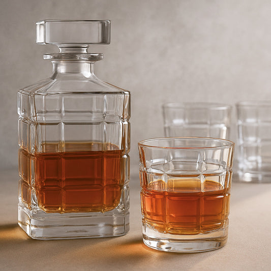 S7 CARAFE AND 6 GLASSES STONE