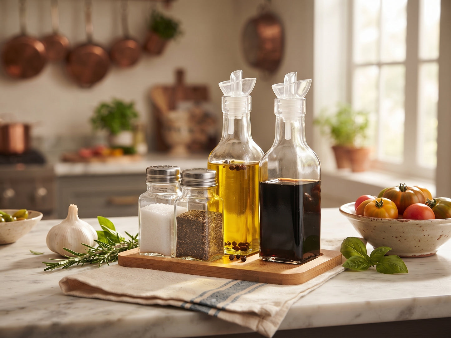 SET OIL AND VINEGAR CRUET WITH SALT AND PEPPER SHAKERS