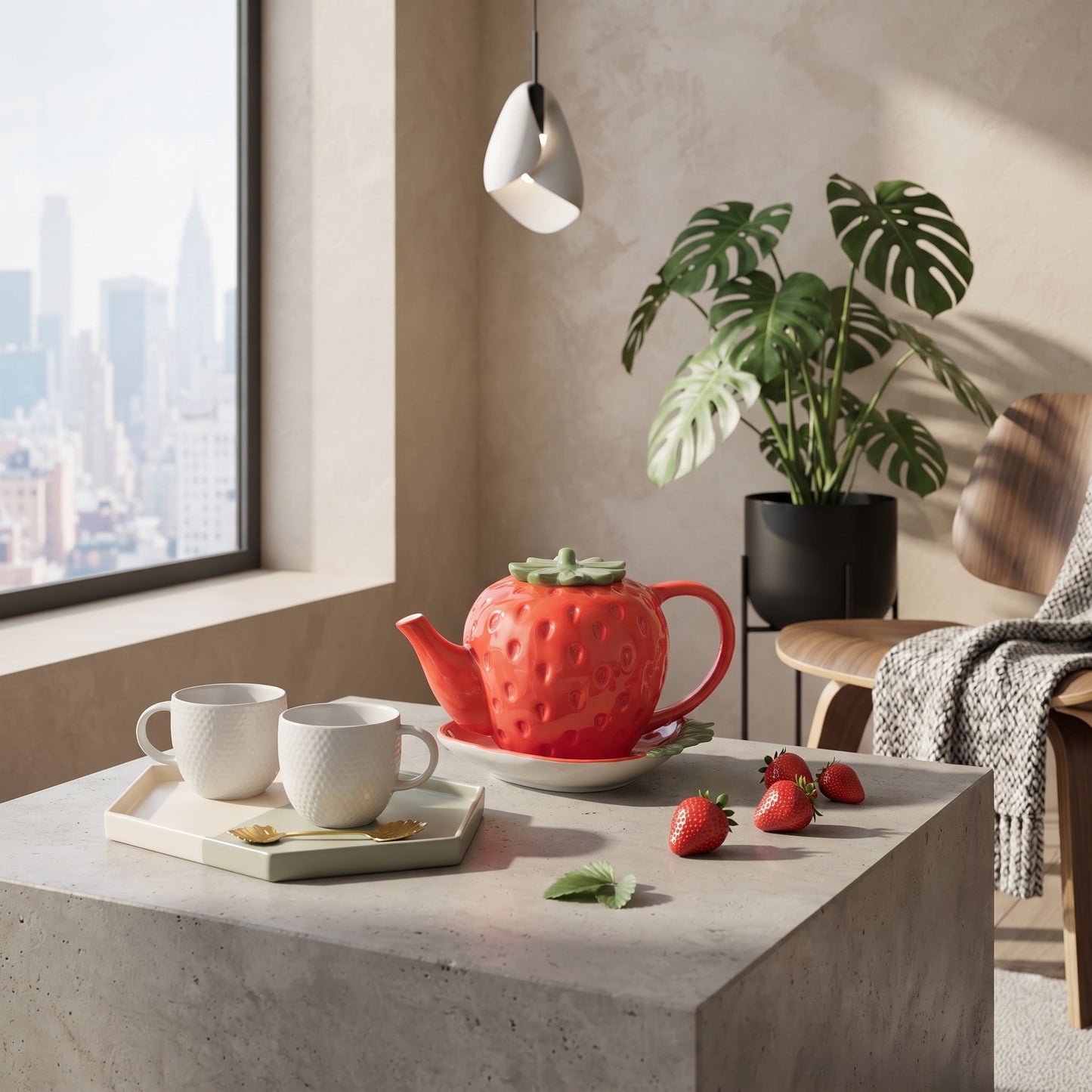 TEAPOT WITH PLATE STRAWBERRY RED